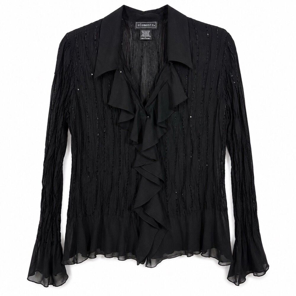 Elementz Women L Black Sheer Beaded Ruffle Front Blouse Long Sleeve Y2K Top